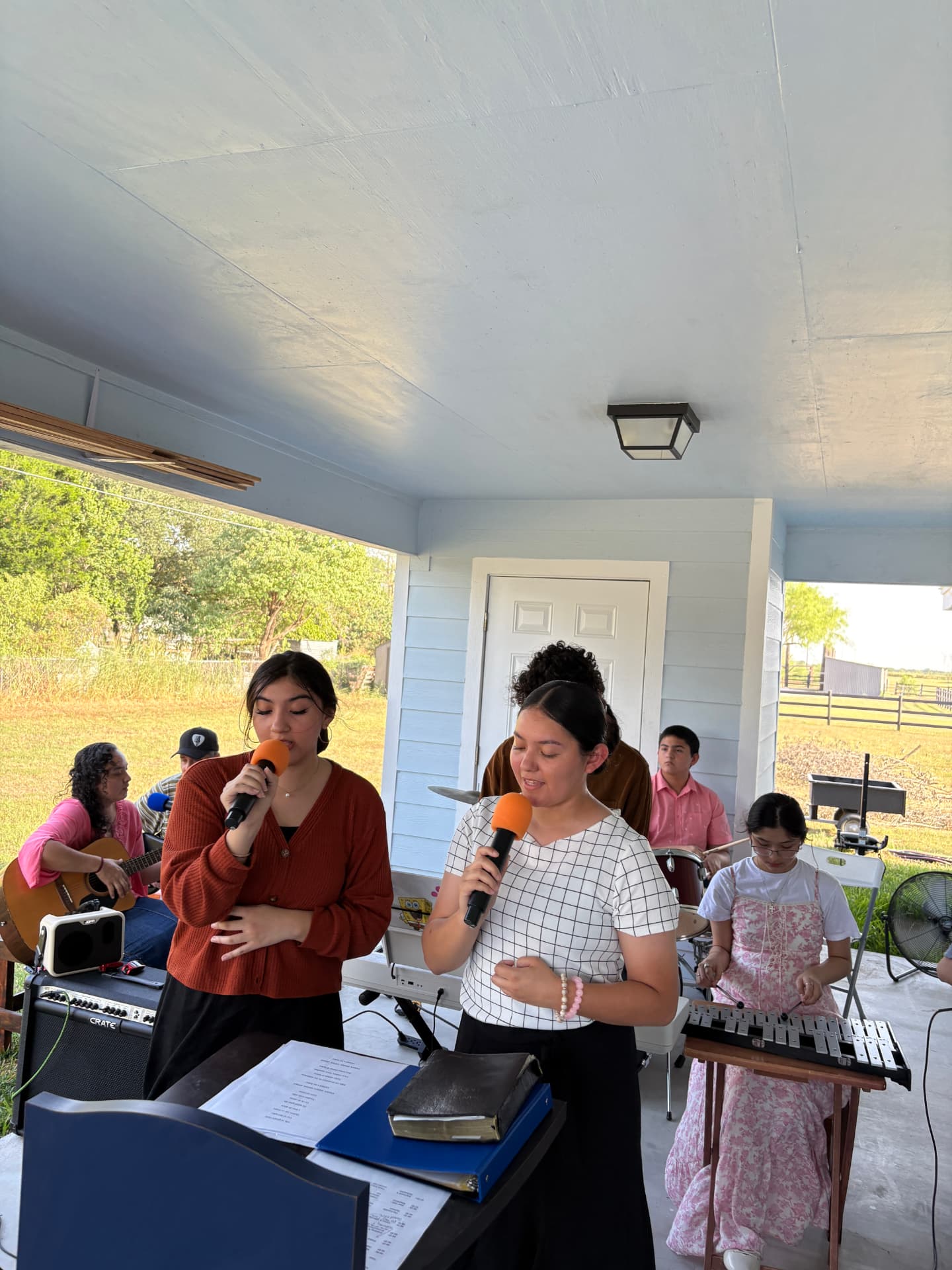Worship team singing and playing during a service